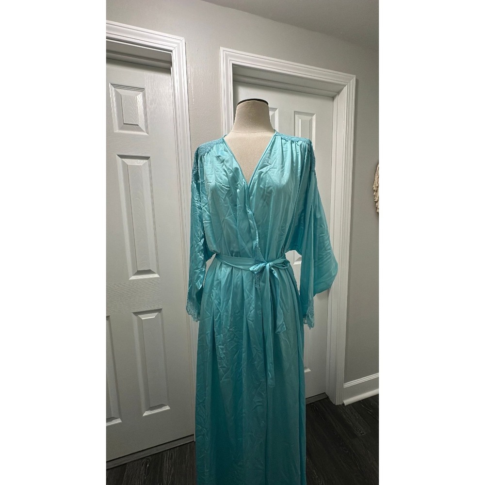 Vintage Henson Kickernick Turquoise Blue Lace Trim Maxi Robe Size Large 6756